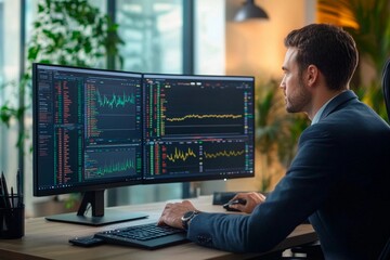 Professional trader analyzing stock market trends in a modern office environment