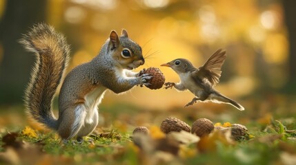 Naklejka premium Squirrel and bird interact with a nut on ground.