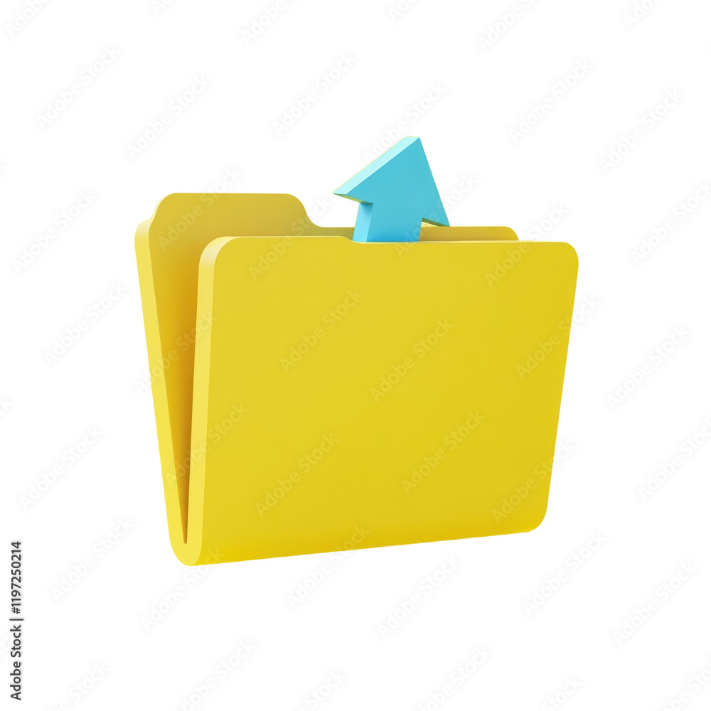 Poster 3d render of yellow folder with upward-pointing blue arrow