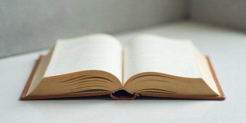 Naklejka premium Open book with aged pages and brown cover resting on a white surface