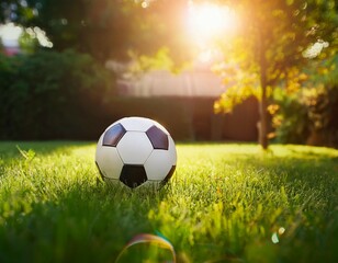 Obraz premium soccer ball on the grass in the garden a photo with a place for the text