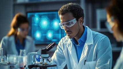 An african scientist focused on analyzing data through a microscope in a modern laboratory, showcasing excellence in science and technology.