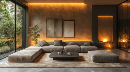 Modern living room with sectional sofa, ambient lighting, and large window overlooking lush greenery.