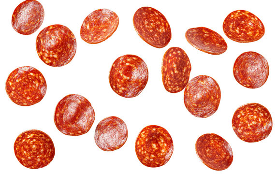 Flying Pepperoni Slices isolated on transparent Background