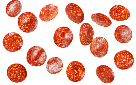 Flying Pepperoni Slices isolated on transparent Background