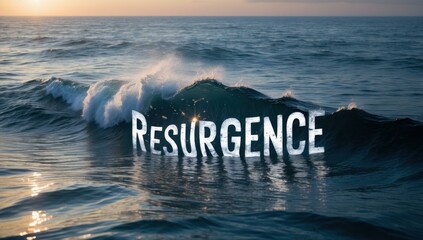 Powerful ocean wave crashing with "Resurgence" text, inspiring renewal concept, motivational usage, vibrant sunset lighting, dynamic water movement, natural seascape background, calming blue tones