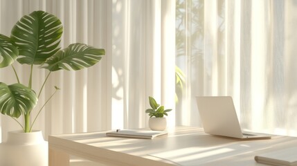Minimalist home office with natural light and green plants – modern workspace design