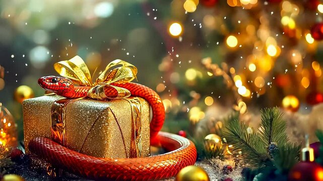 Gift wrapped golden paper table.Gleaming lights enhance festive atmosphere.Close-ribbon shiny present.Evening glow adds holiday allure.Seasonal decorations include red baubles.Cozy yuletide scene