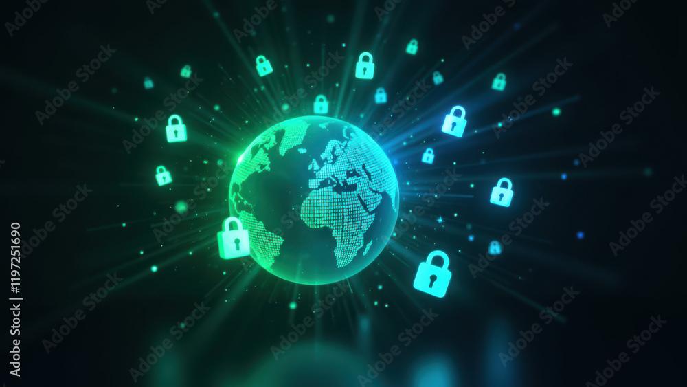 Poster the image depicts a stylized globe at its center, surrounded by locks and vibrant green energy or da