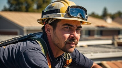 Obraz premium A detailed portrait of a roofer working on a house roof, wearing a hard hat and safety harness, sunny day, suburban neighborhood in the background