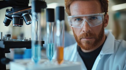 A european male scientist in a lab coat examines colorful test tubes in a laboratory. He wears safety goggles and focuses intently on his research.