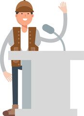 Male Worker Character Speaking on Podium
