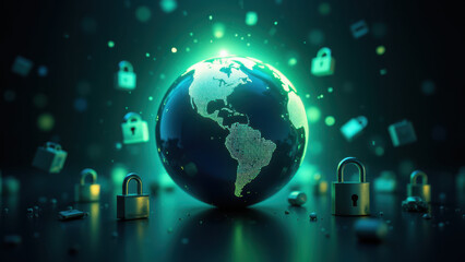 Fototapeta premium An artistic representation of global cybersecurity with a floating Earth amidst shattered locks, symbolizing the challenges and protection against digital threats.