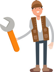 Male Worker Character Using Wrench Tool
