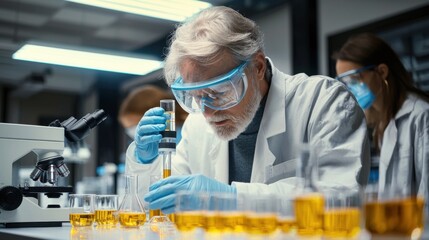 An elderly scientist, wearing protective gear, carefully measures liquid in a laboratory filled with glassware and bright yellow substances, showcasing dedication to chemistry.