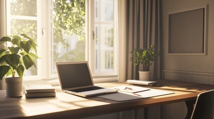 Minimalist home office with natural light and green plants – modern workspace design