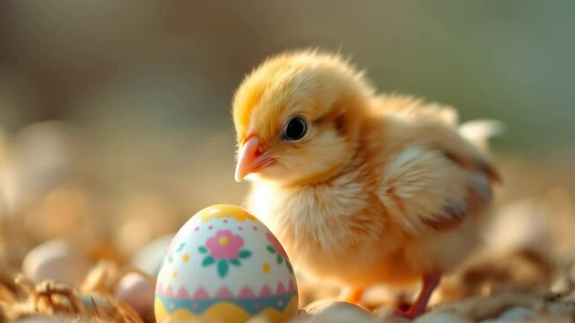 Easter Chick: A Closeup of a Baby Bird Gently Touching a Decorated Egg