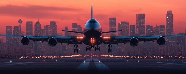 aviationbusiness  logistics globalnetwork concept. A majestic airplane approaches a vibrant city skyline at sunset, with lights glowing and colors reflecting the beauty of the evening sky.