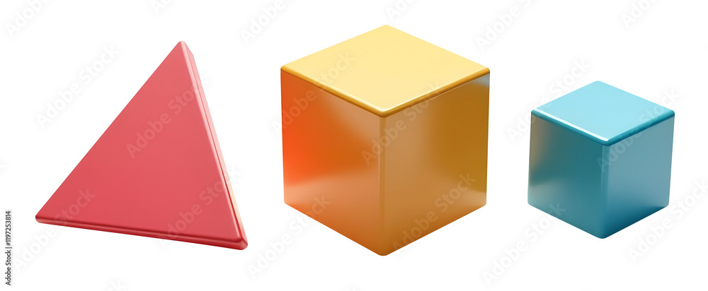 Poster vibrant 3d geometric shapes: a red triangle, a golden cube, and a teal cube. a captivating visual re