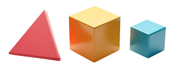Vibrant 3D geometric shapes: a red triangle, a golden cube, and a teal cube.  A captivating visual representation of basic forms., cut out,transparent background