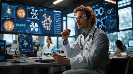 A focused scientist of European descent examines a molecular structure in a high-tech laboratory filled with advanced equipment and digital displays.