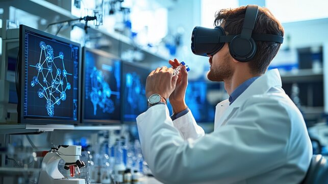 A european scientist wearing a VR headset is engaged in innovative research. He holds a vial while observing complex data on multiple screens.