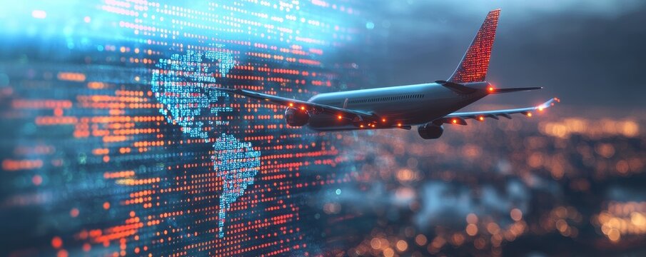 aviationbusiness  logistics globalnetwork concept. A digital airplane flies through a vibrant, data-driven landscape, symbolizing travel and technology.