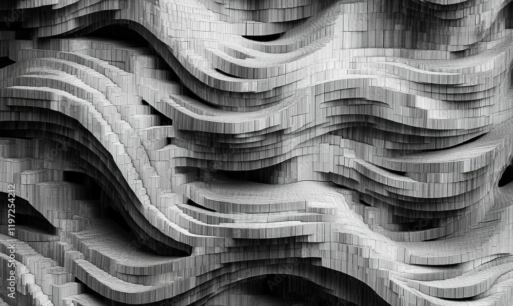 Poster monochrome layered blocks form wavy, curving, structured patterns.