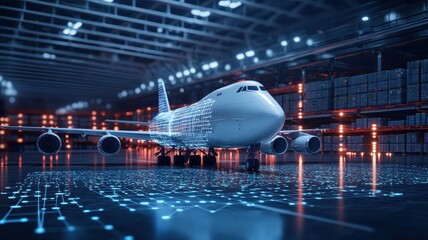 aviationbusiness  logistics globalnetwork concept. A futuristic airplane in a high-tech hangar, illuminated by vibrant lights, showcasing advanced design and digital elements.