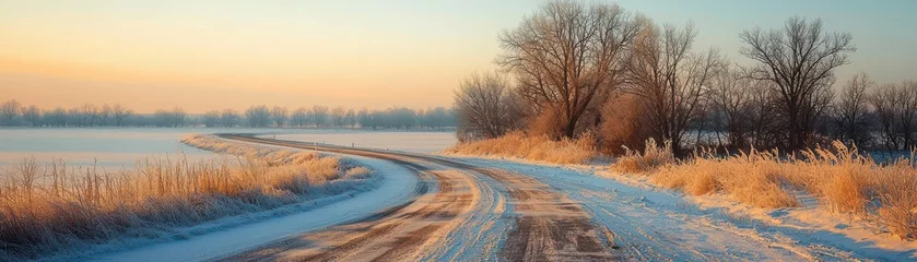 Selbstklebende Fototapeten Winter road journey along serene landscape in rural area scenic view tranquil sunset light © Atthasit