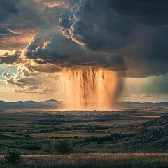 Dramatic rainfall over lowland valley at sunset with vibrant clouds and golden light illuminating the landscape