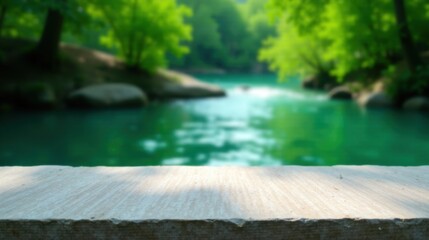 Fototapeta premium Serene Lakeside Vista A Tranquil Stone Surface Overlooking a Picturesque Emerald Green Waterway, Framed by Lush Foliage
