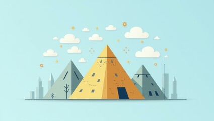 Modern colorful pyramids with geometric shapes climbing scene, outdoor adventure activity concept, tourism illustration, sunny day with clouds and city skyline background, vibrant cheerful mood