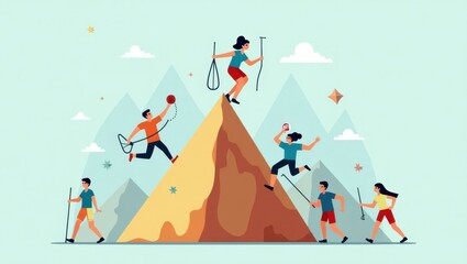 Team of diverse climbers in colorful outfits ascending rocky mountain peak, achieving success and teamwork, motivation and outdoor adventure concept with snowy mountain background and clear sky