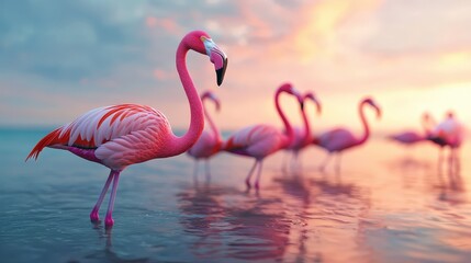Fototapeta premium Flamingos in a serene wetland ecosystem nature photography wildlife at dusk