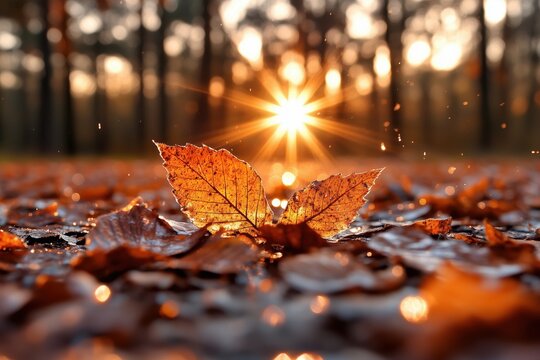 Golden sunlight shines through autumn leaves on a forest floor during sunset - Powered by Adobe