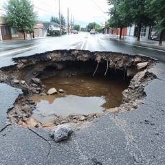 Massive sinkhole forms on city street after heavy rain, obstructing traffic and posing safety hazards