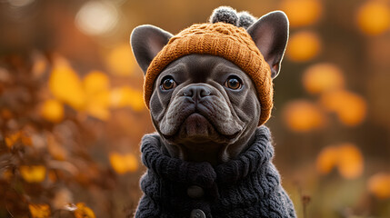 Obraz premium A dog wearing a hat and scarf is looking at the camera. The hat is orange and the scarf is knitted