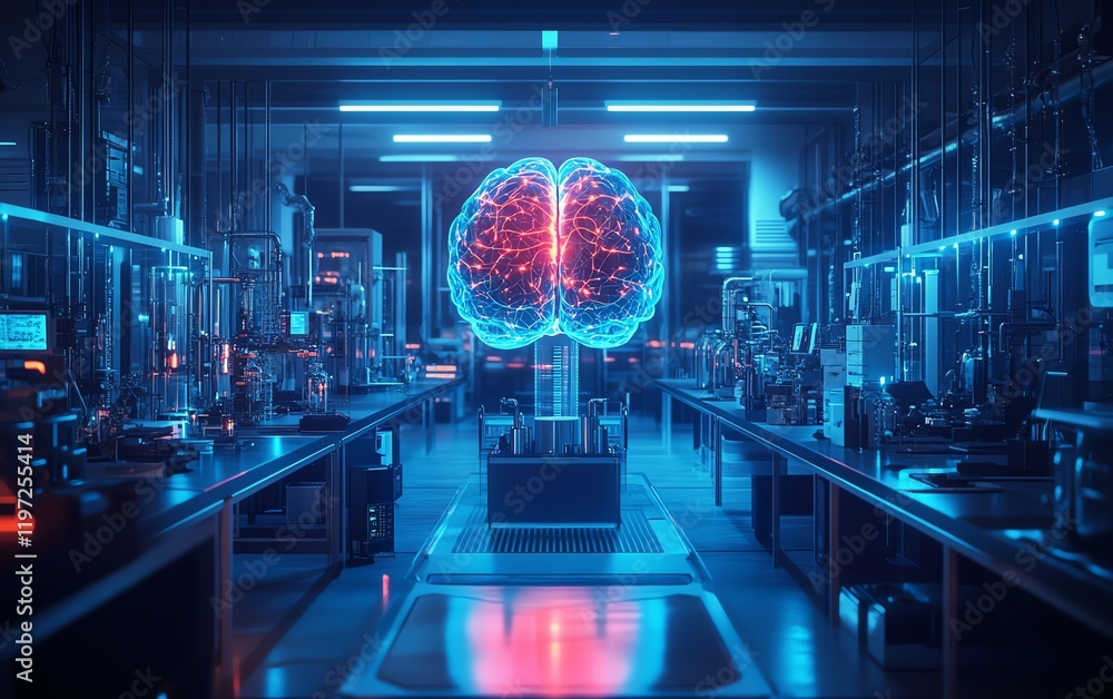 Poster advanced artificial intelligence brain illuminated by holographic projections in a sleek lab