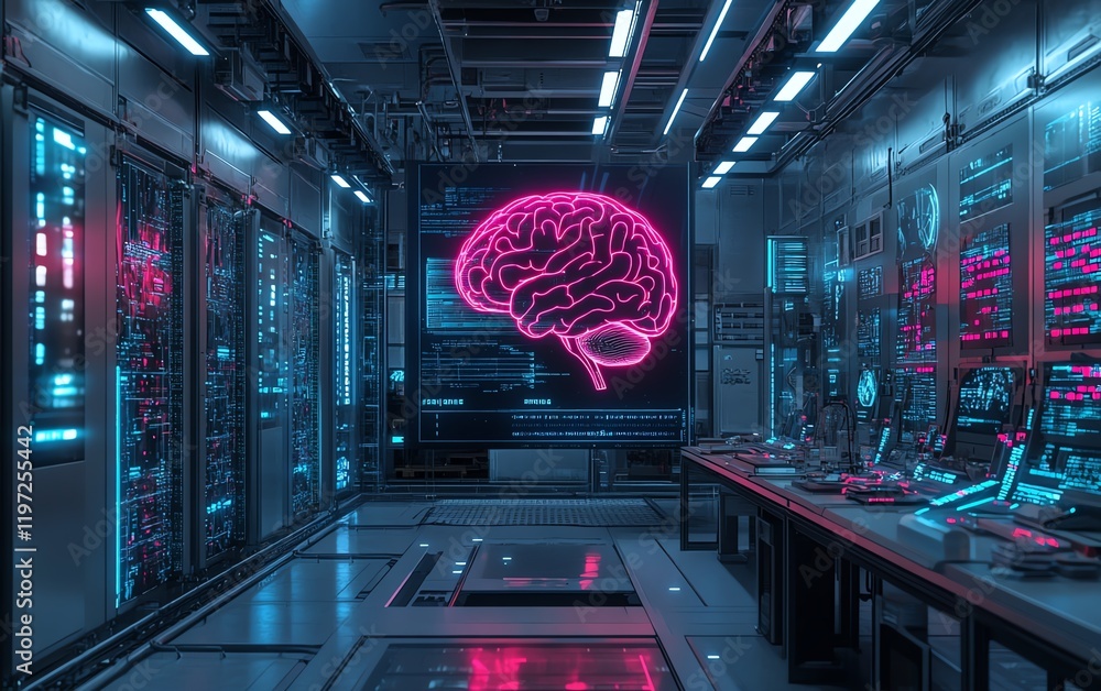 Poster advanced artificial intelligence brain illuminated by holographic projections in a sleek lab