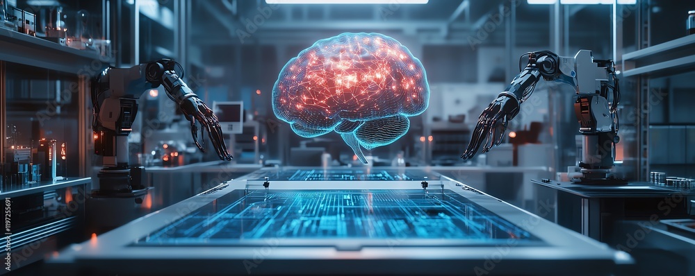 Poster artificial intelligence brain surrounded by robotic arms in a cuttingedge factory lab