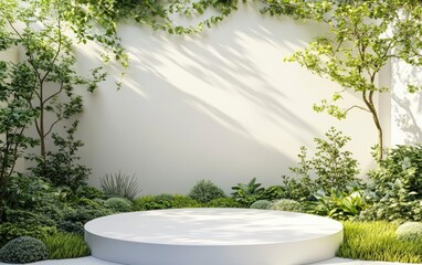 3D rendering of a podium for product presentation on a white background with plants and nature. Mockup scene with empty space in the middle. Minimal design, podium display, or showcase composition. 