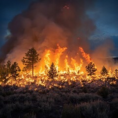 Fototapeta premium Wildfire envelops forested area causing destruction and smoke on a summer evening