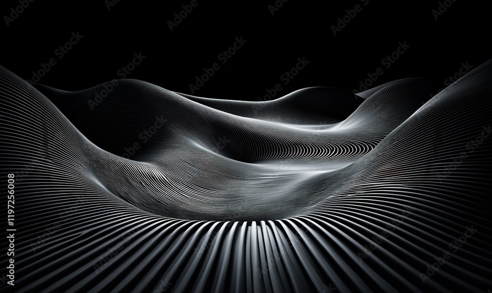 Poster abstract silver lines form a wave pattern on a black background, ideal for tech or design projects