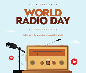 World Radio Day. 13th February radio day shows a set up with the old radio in front of a microphone with red hearts giving a nostalgic vibe. Classic radio show. Vector illustration