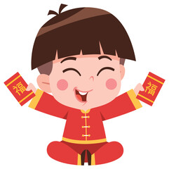 Cheerful Boy with Red Envelopes for Chinese New Year