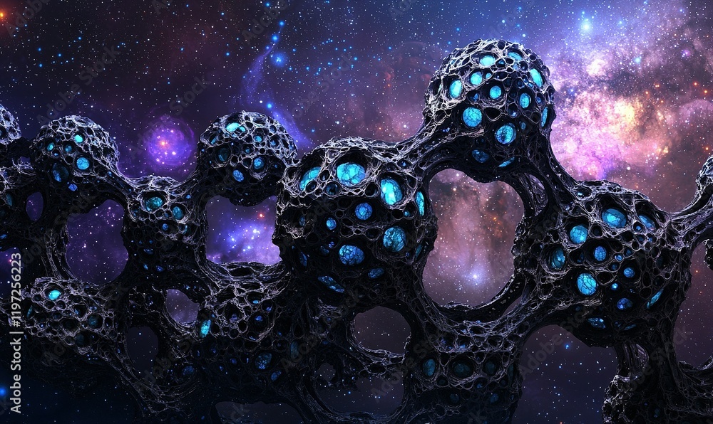 Poster alien organic structure with glowing cores in colorful nebula space background, ideal for sci-fi pro