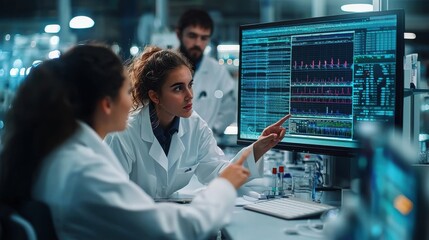 Two scientists, one female with curly hair and European descent and one male observing, analyze data in a modern laboratory.