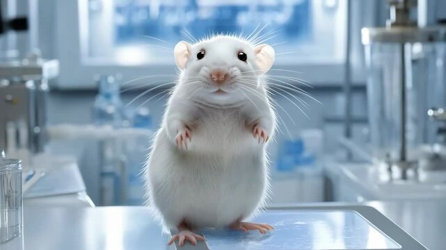 cute white rat sitting on the table in modern lab