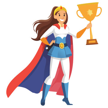 Superheldin mit Pokal &ndash; Vektor Illustration einer erfolgreichen Siegerin